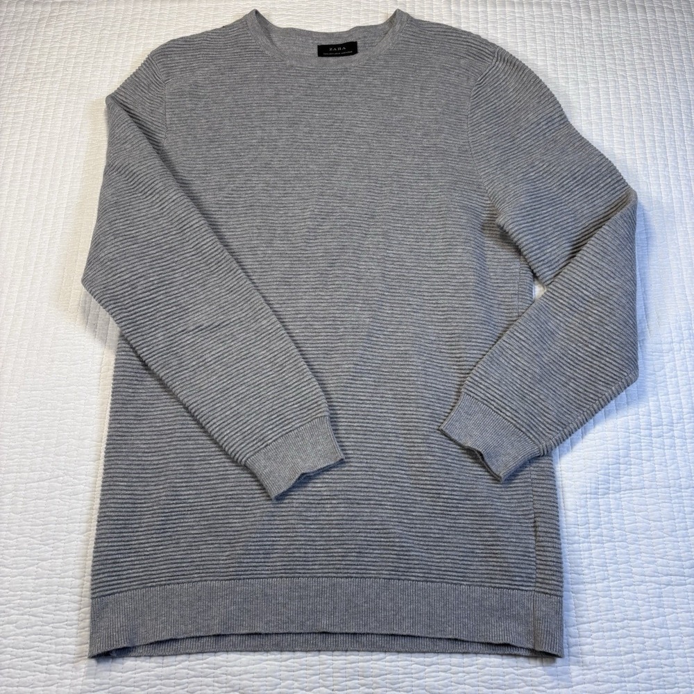 Zara Sweater Womens Medium Gray Ribbed Knit Crewneck Long Sleeve Pullover